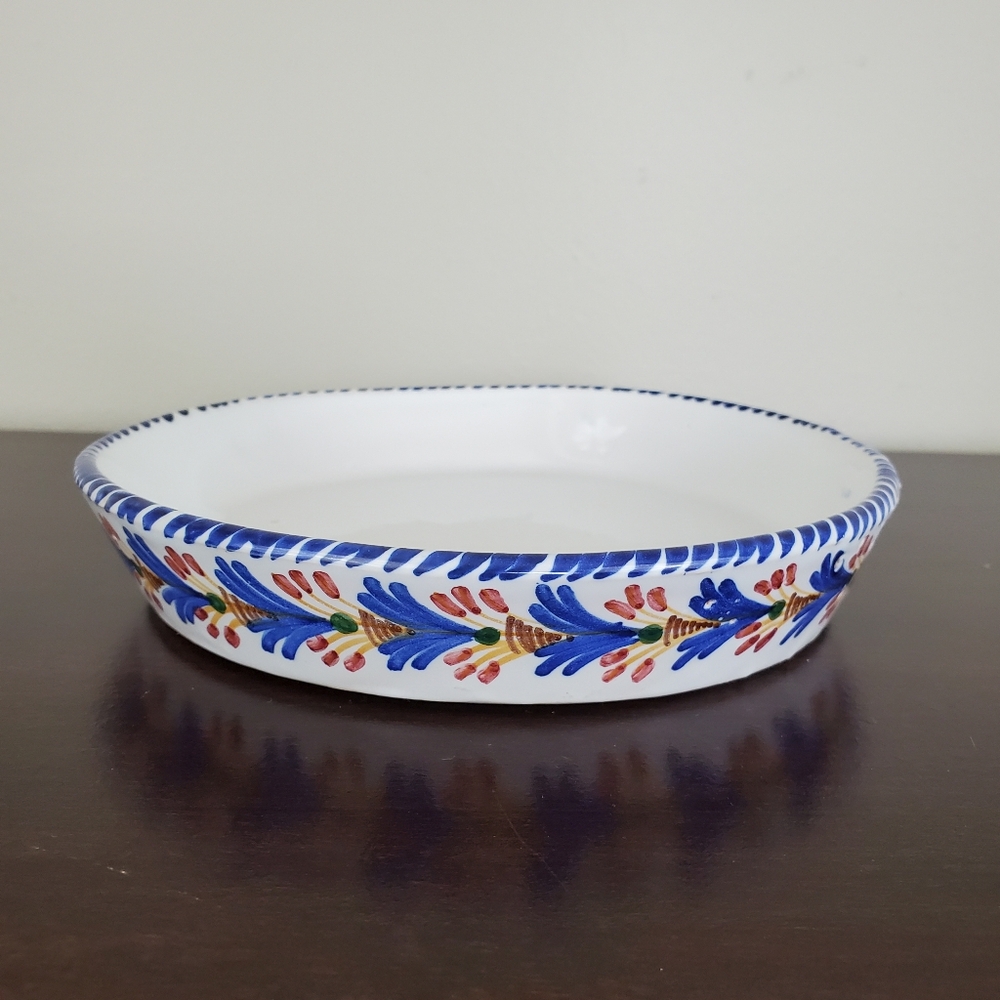 Handpainted Pottery Baker Dish Signed  "M.Spain" Red & Blue Floral ~ Pre-Owned